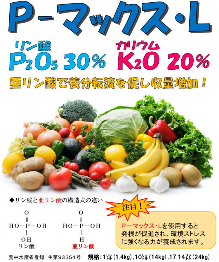 P-マックス・L　亜リン酸で養分転流を促し収量増加　発根が促進され、環境ストレスに強くなる力が養成されます。